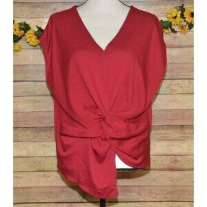 Entro Blouse Ladies Size M Red Maroon Flattering Knot Tie Short Sleeve Career